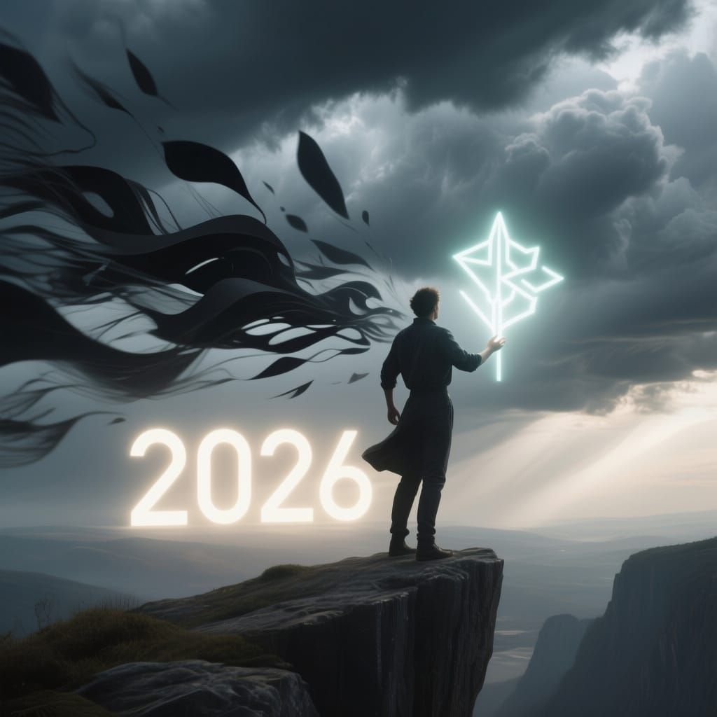 Person on Cliff Edge Releasing Abstract Shapes in Cinematic ...