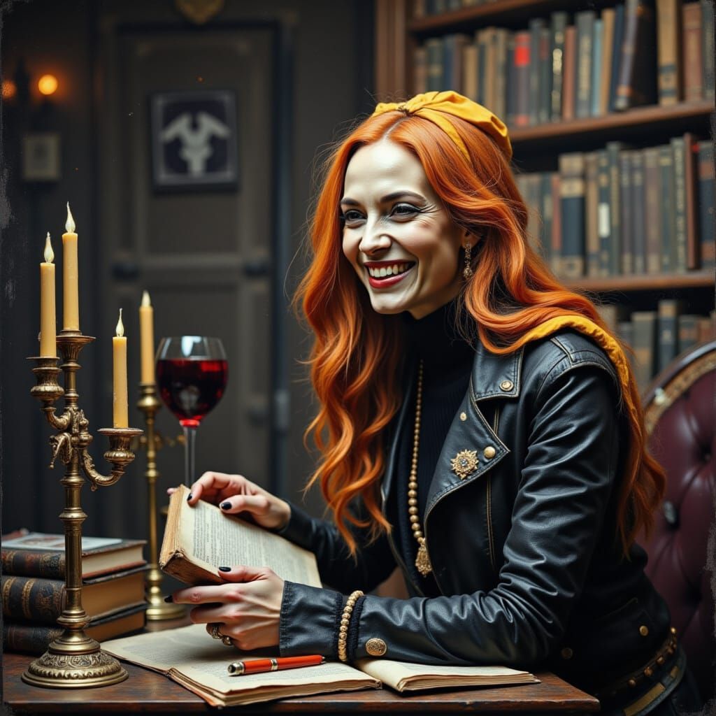 Red-Haired Fae Woman Studies Book in Castle Library