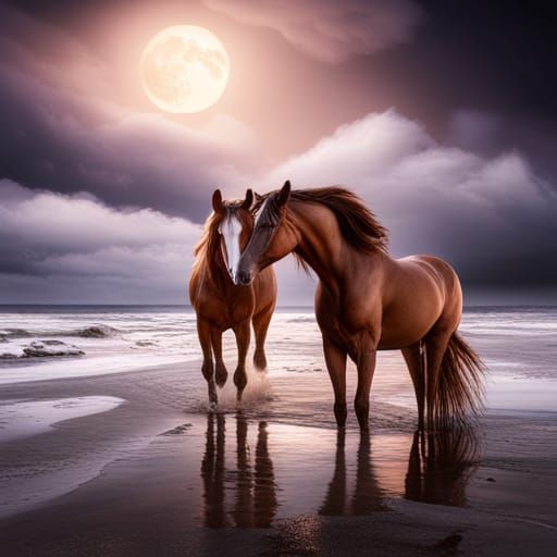 Horses on Beach in Moonlight: Detailed Matte Painting