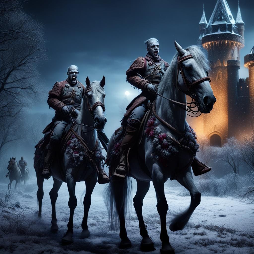 Zombie Soldiers on Horses in Snowy Castle Landscape