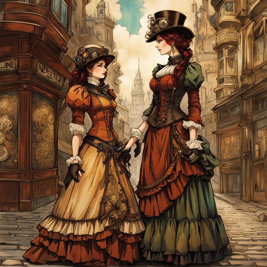 Steampunk Mother and Daughter in Arthur Rackham Style