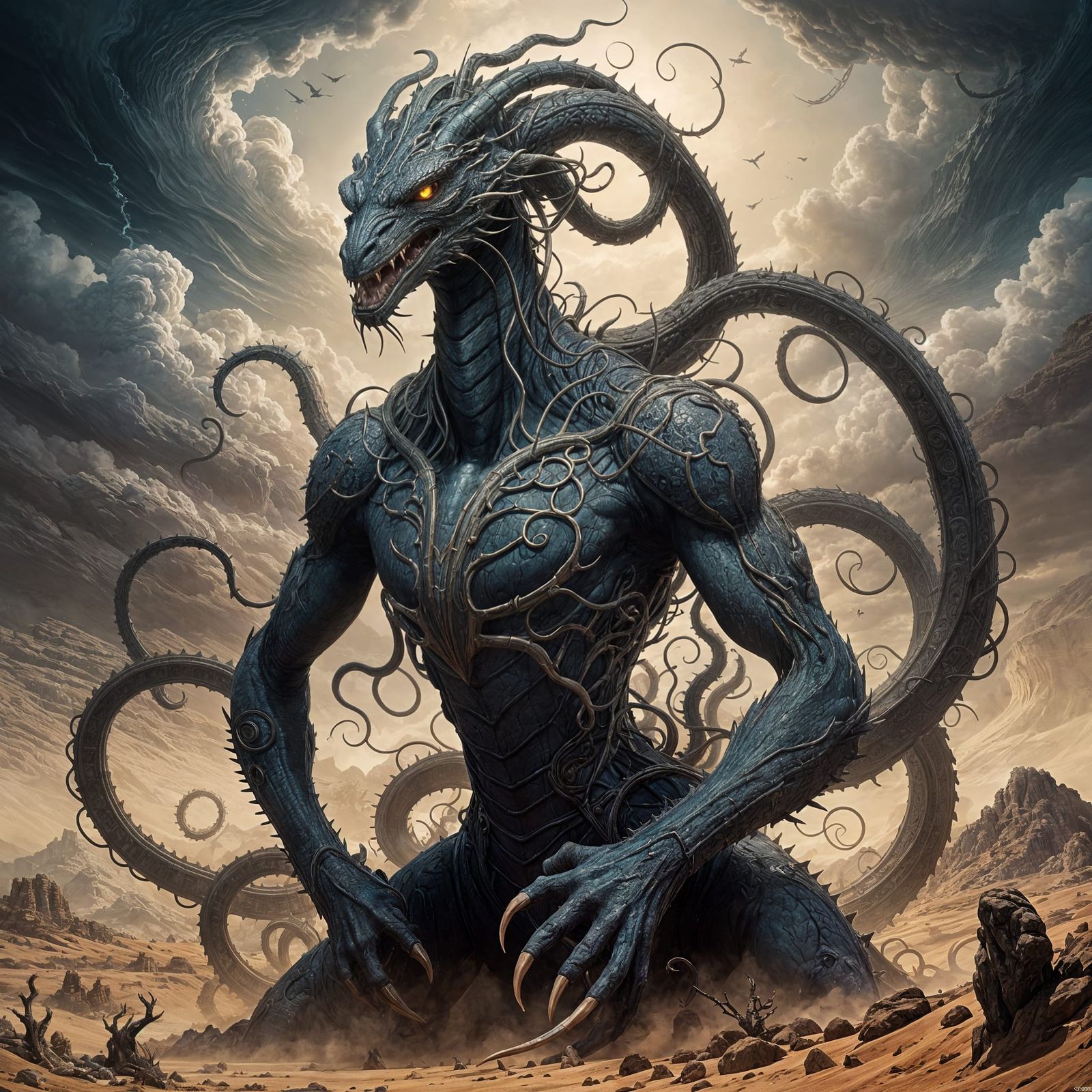 Lernaean Hydra in Desert, Moebius Design, Dark Fantasy