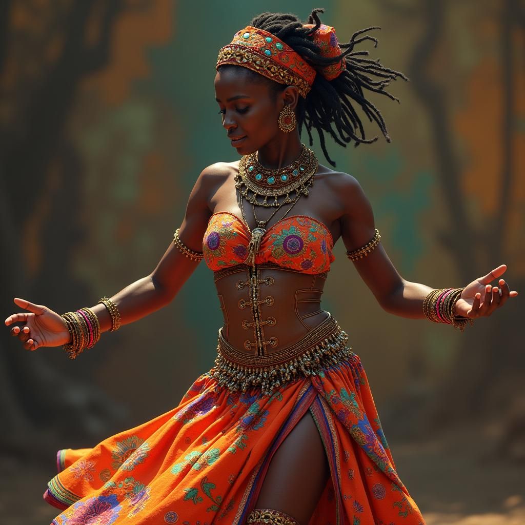 African Woman Dancing in Gypsy Style, Hyper-Realistic