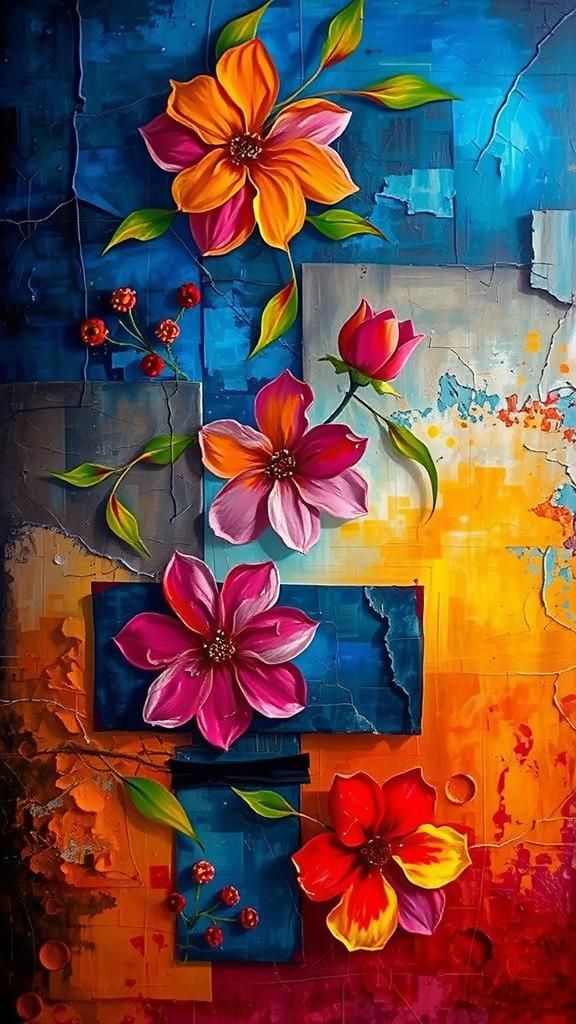 Vibrant, layered rectangles in dynamic disarray, with peelin...