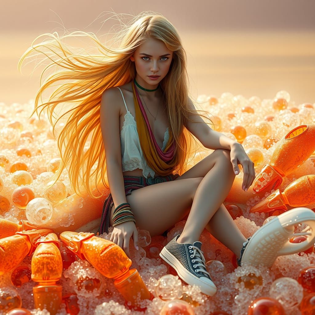 Woman on Gummy Crab in Soda Sea: Dreamlike Art