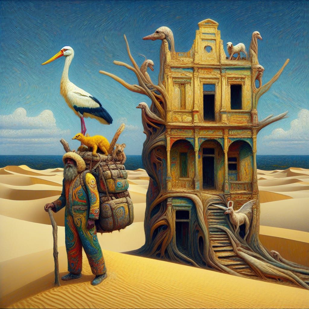 Surreal Desert Ruins with Giant in Art Nouveau Style