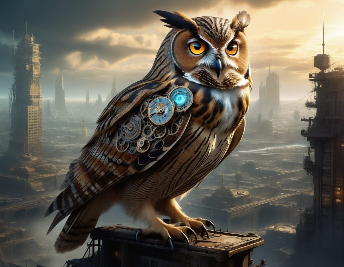 Dieselpunk Owl with Clockwork, Map Feathers on Skyscraper