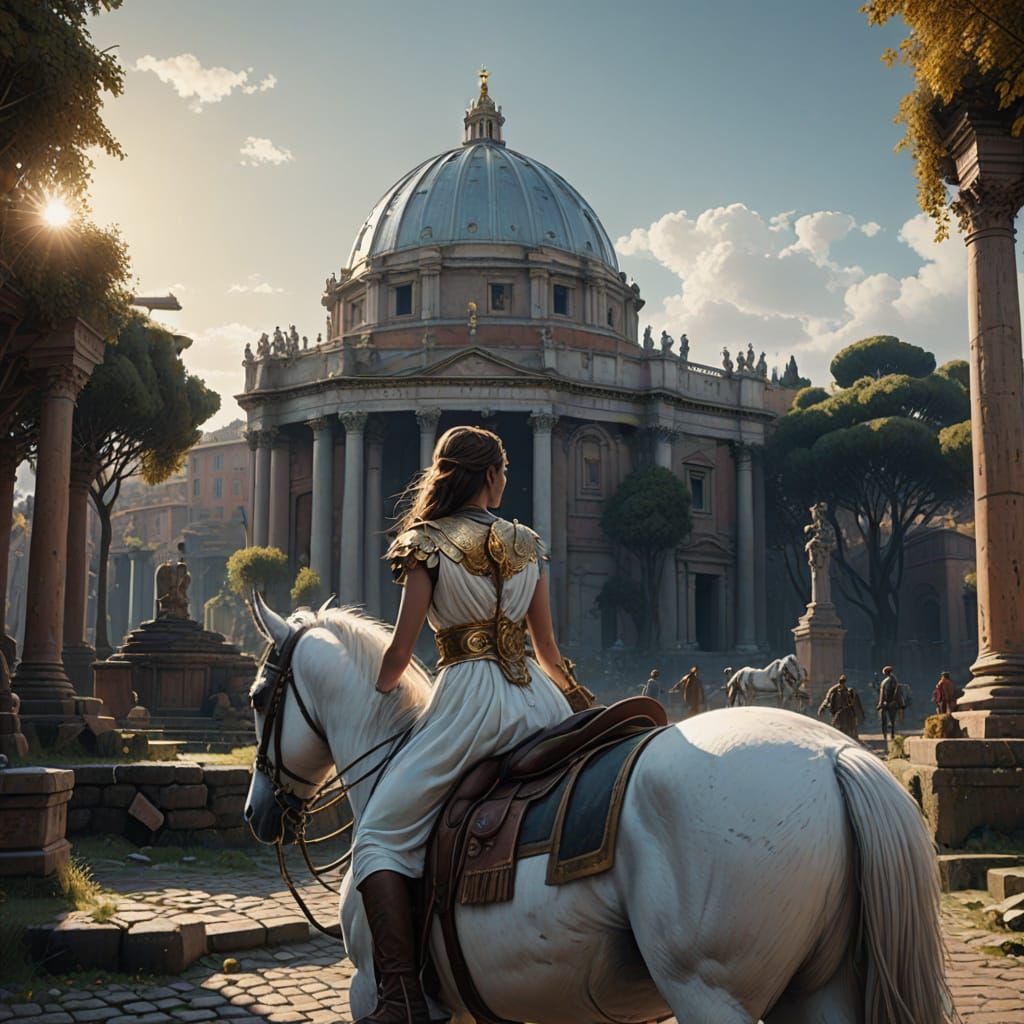 Regal Woman on White Horse in Ancient Rome
