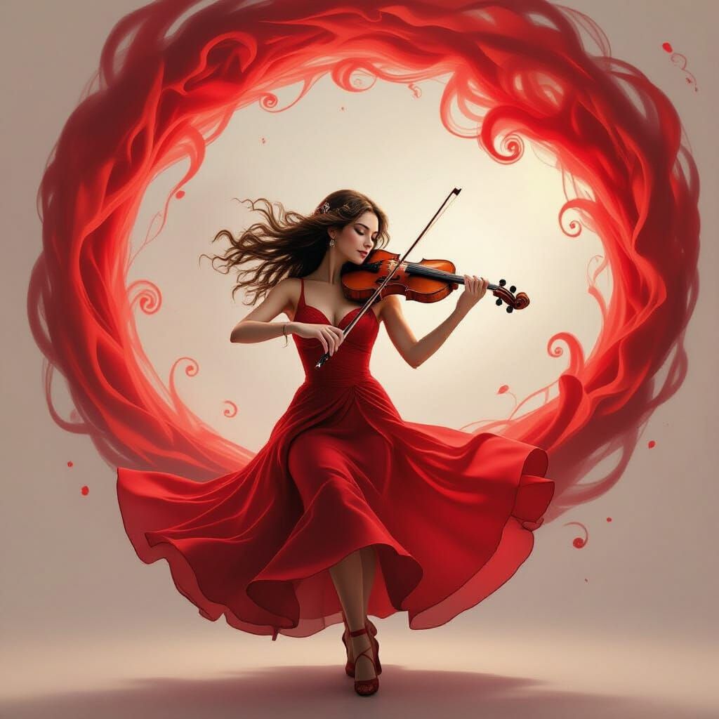 Violinist Levitating in Red Magic Swirl