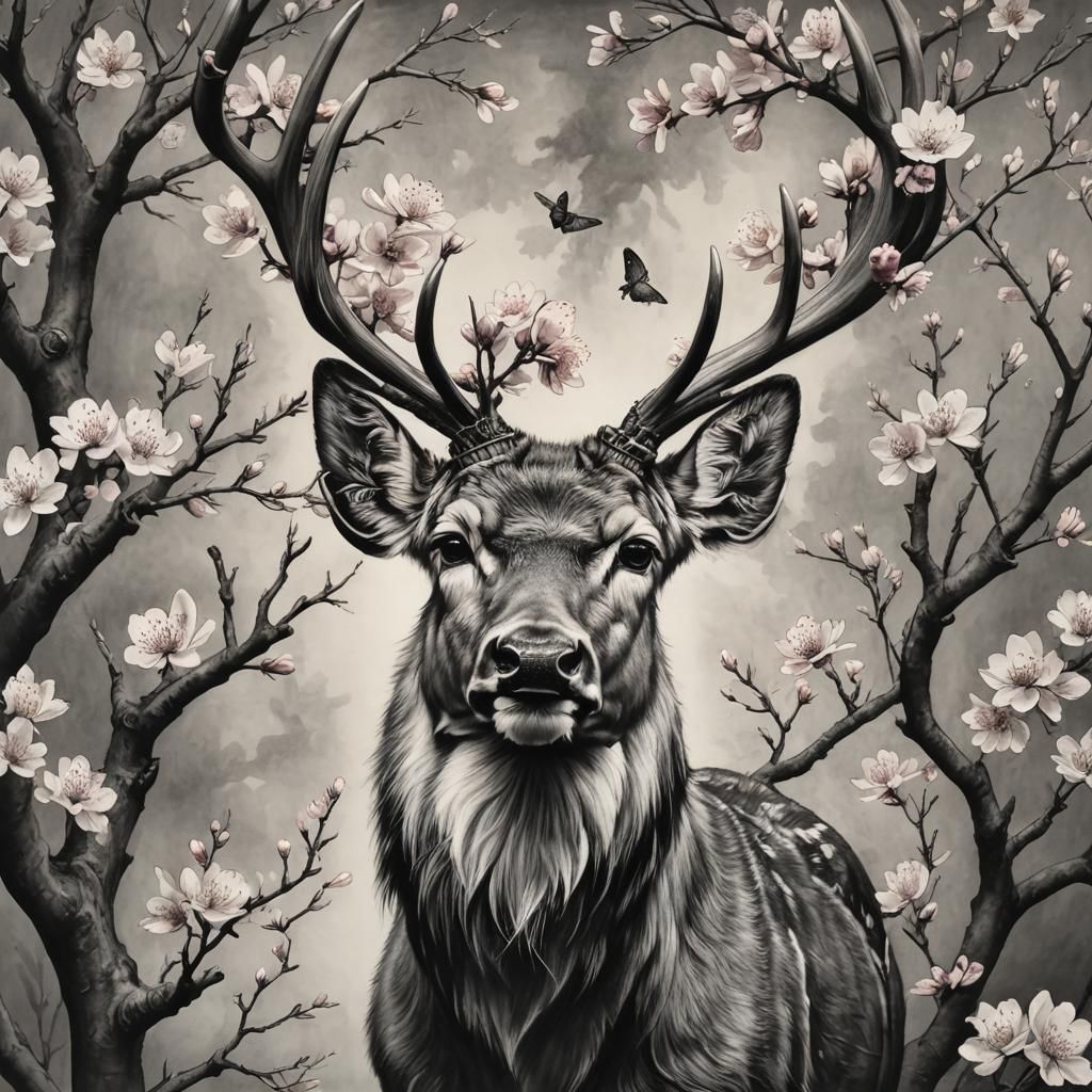 Cherry Blossoms Bloom from Deer Head: Charcoal Art