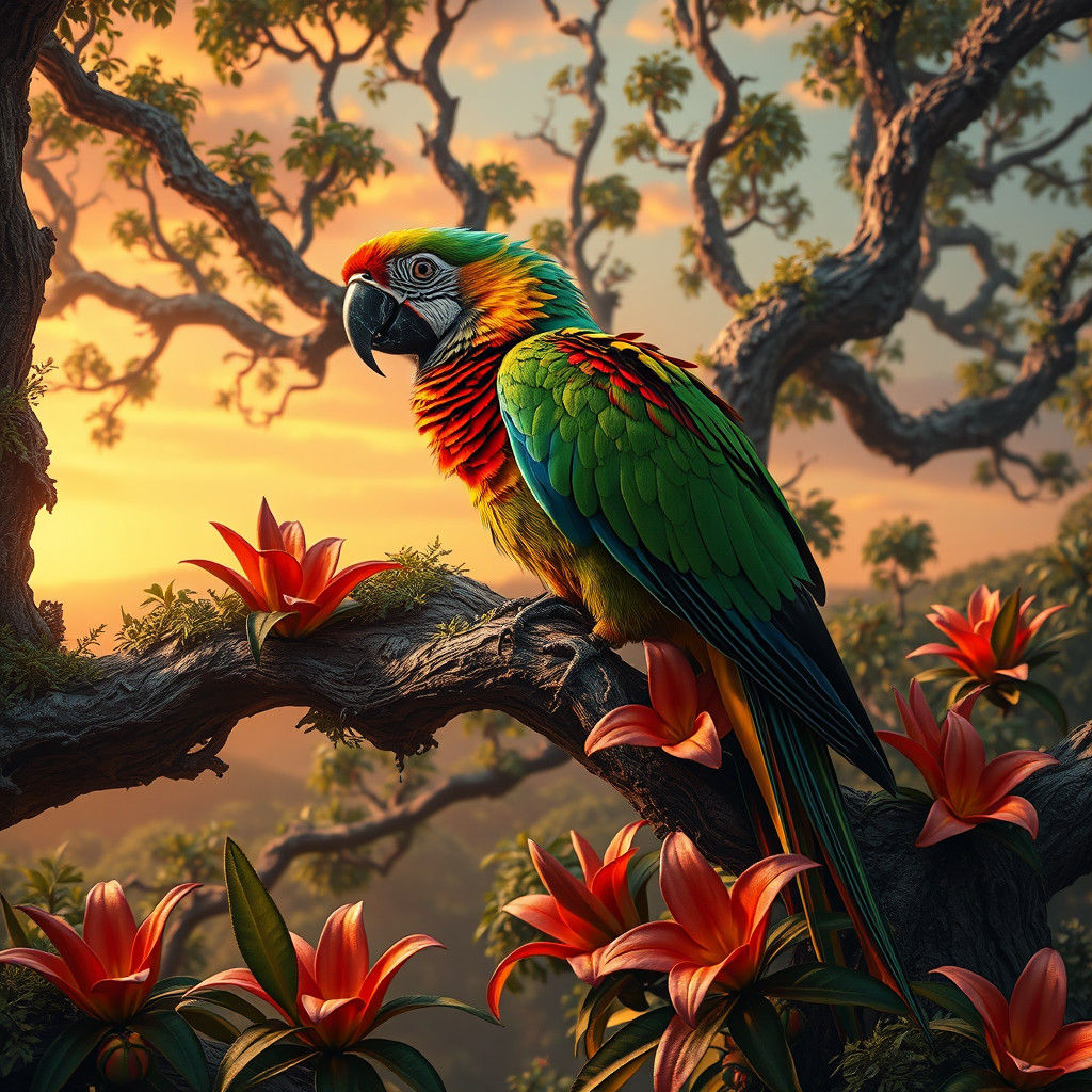 Colorful Parrot in Fantasy Landscape, Matte Painting
