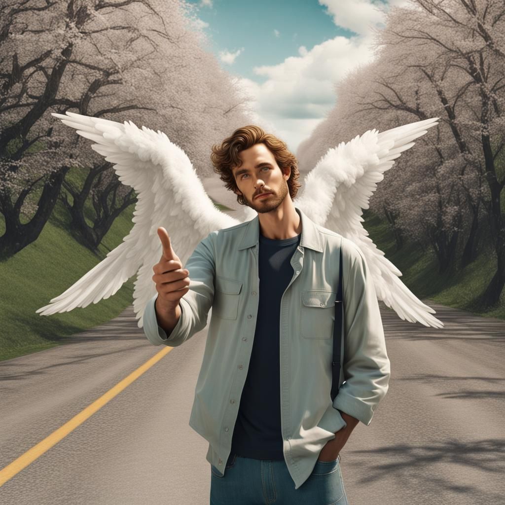 Angelic Man's Selfie on a Spring Road