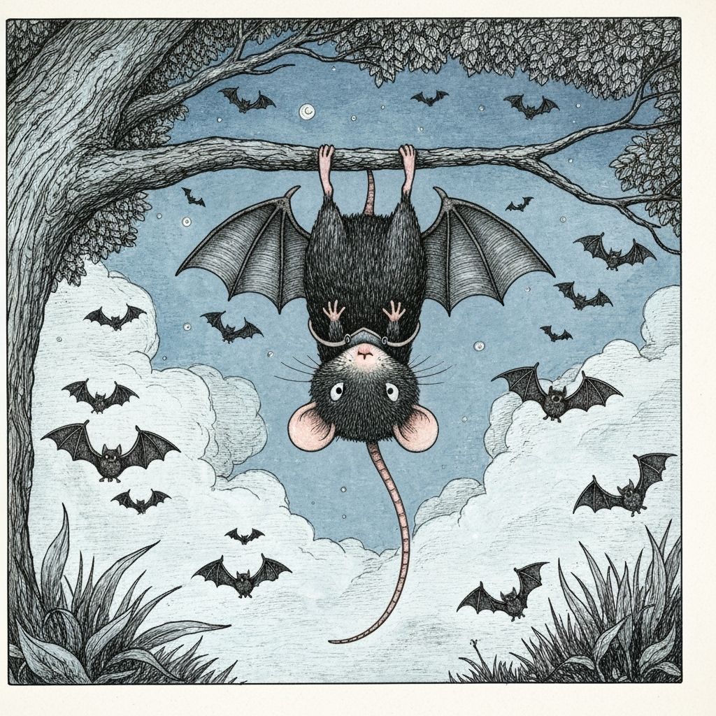 Cute Mouse Pretends to Be a Bat in Whimsical Night Sky