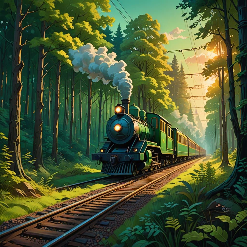 Whimsical Train Adventure in Lush Forest Oil Painting