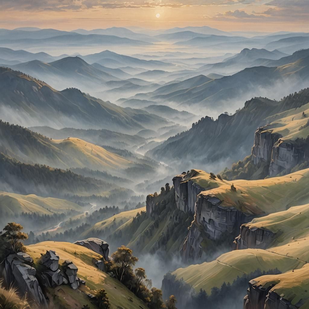 Misty Mountains Landscape in Oil Painting Style