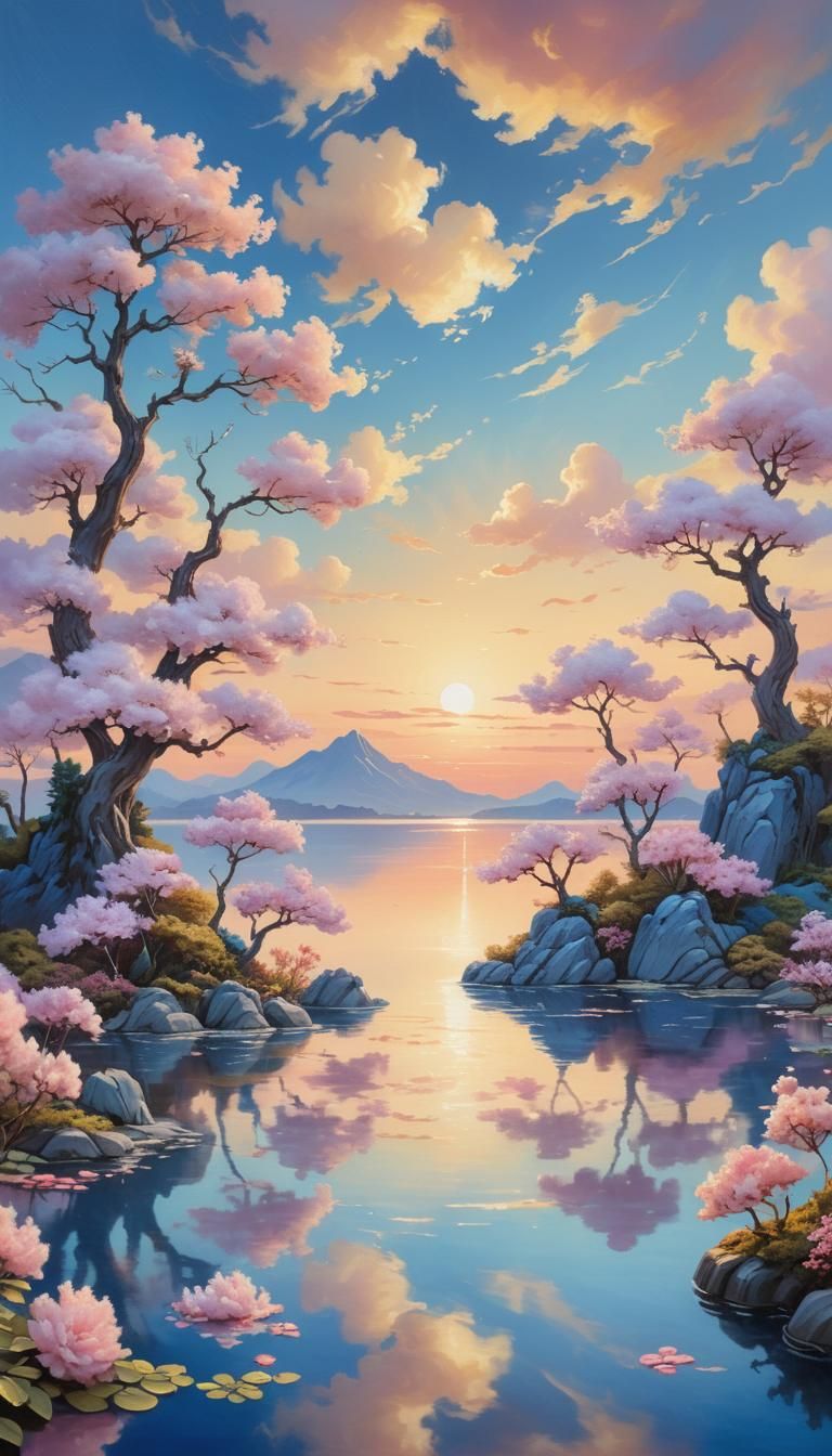 Whimsical Art Nouveau Lake Scene