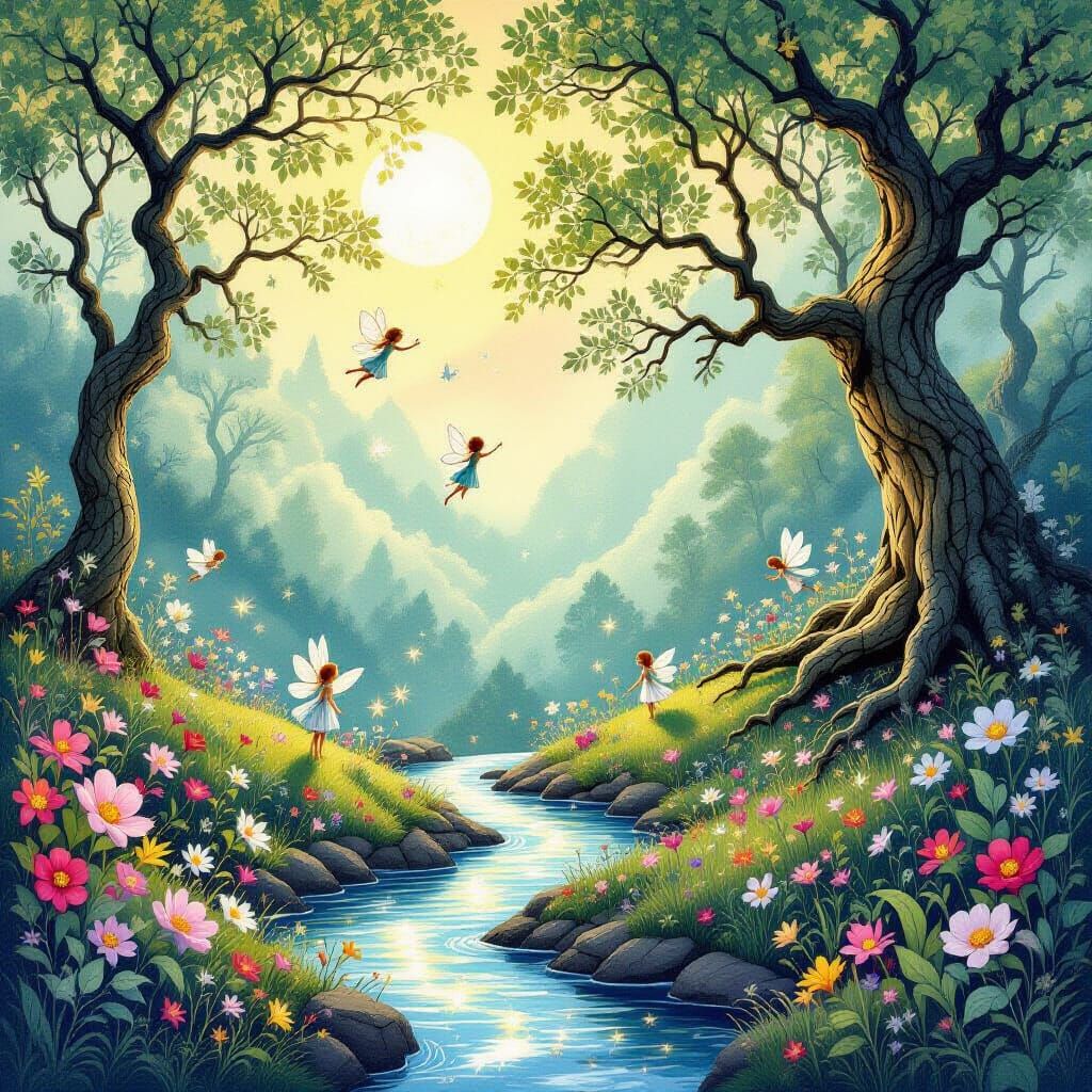Whimsical Fairy Landscape Collage with Glowing Flora
