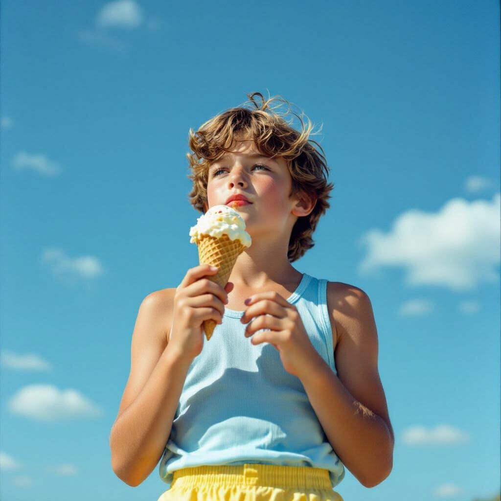 Teenage Boy Eats Ice Cream on Sunny Summer Day