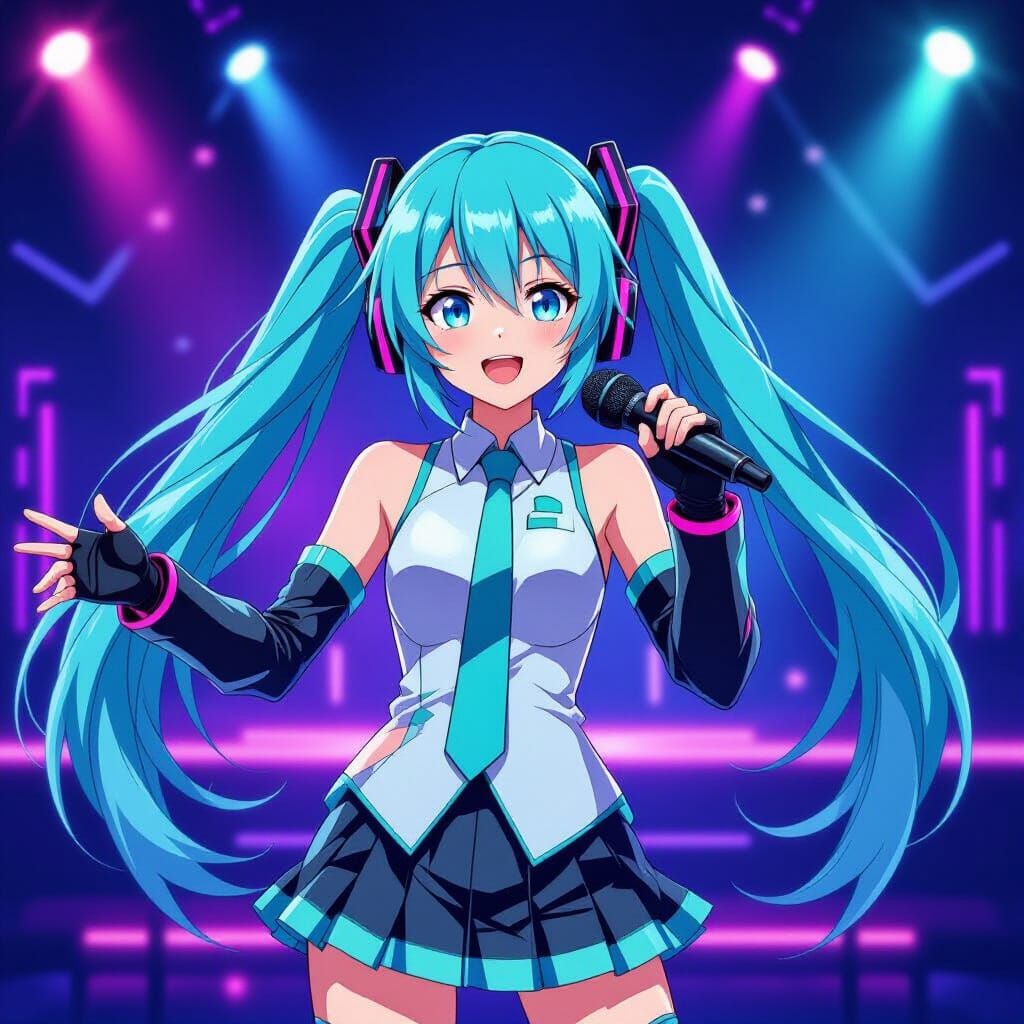 Hatsune Miku Sings in Futuristic Concert, Neon Accents