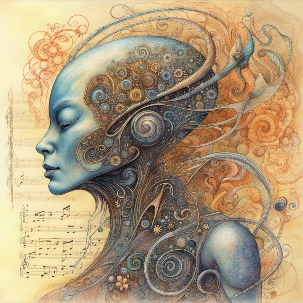 Musical Cyborg Creature in Suminagashi-Crayon Style