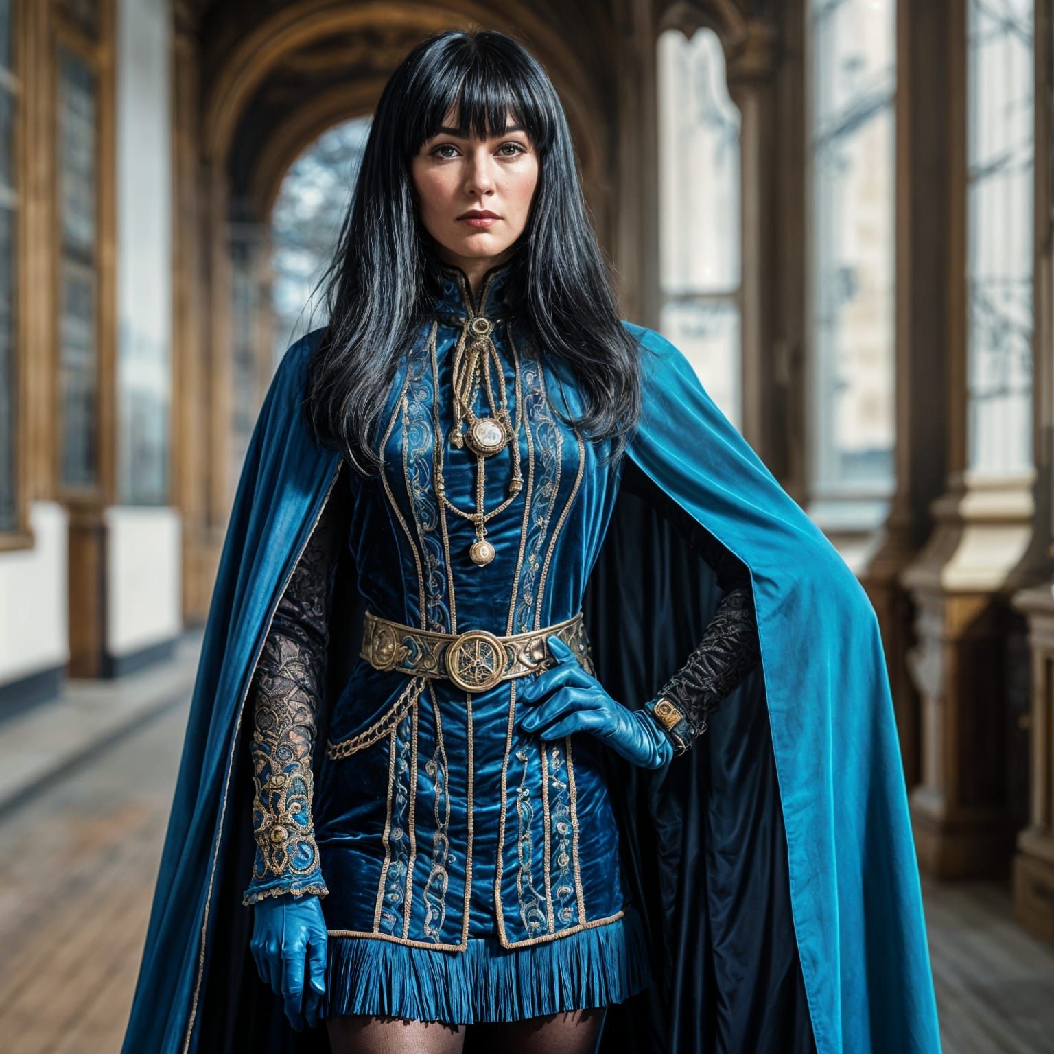 Glamorous Woman in Vaporwave Steampunk Cityscape