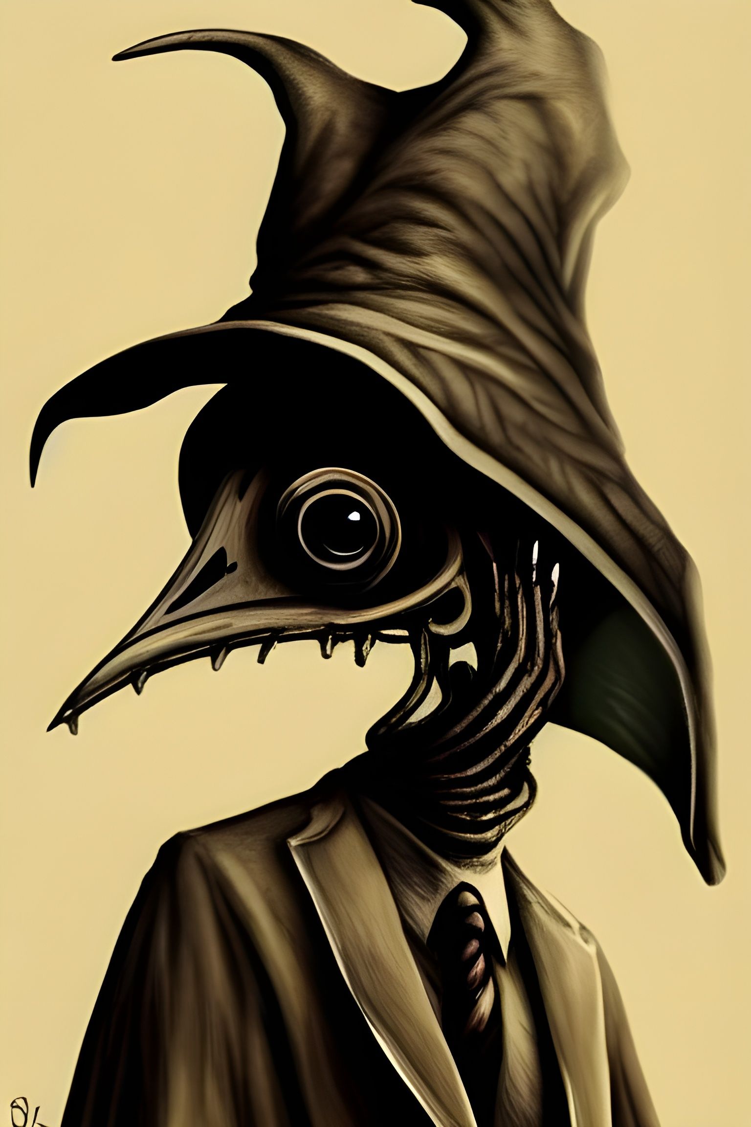 Plague Doctor Bird Skull Creature in Macabre Style