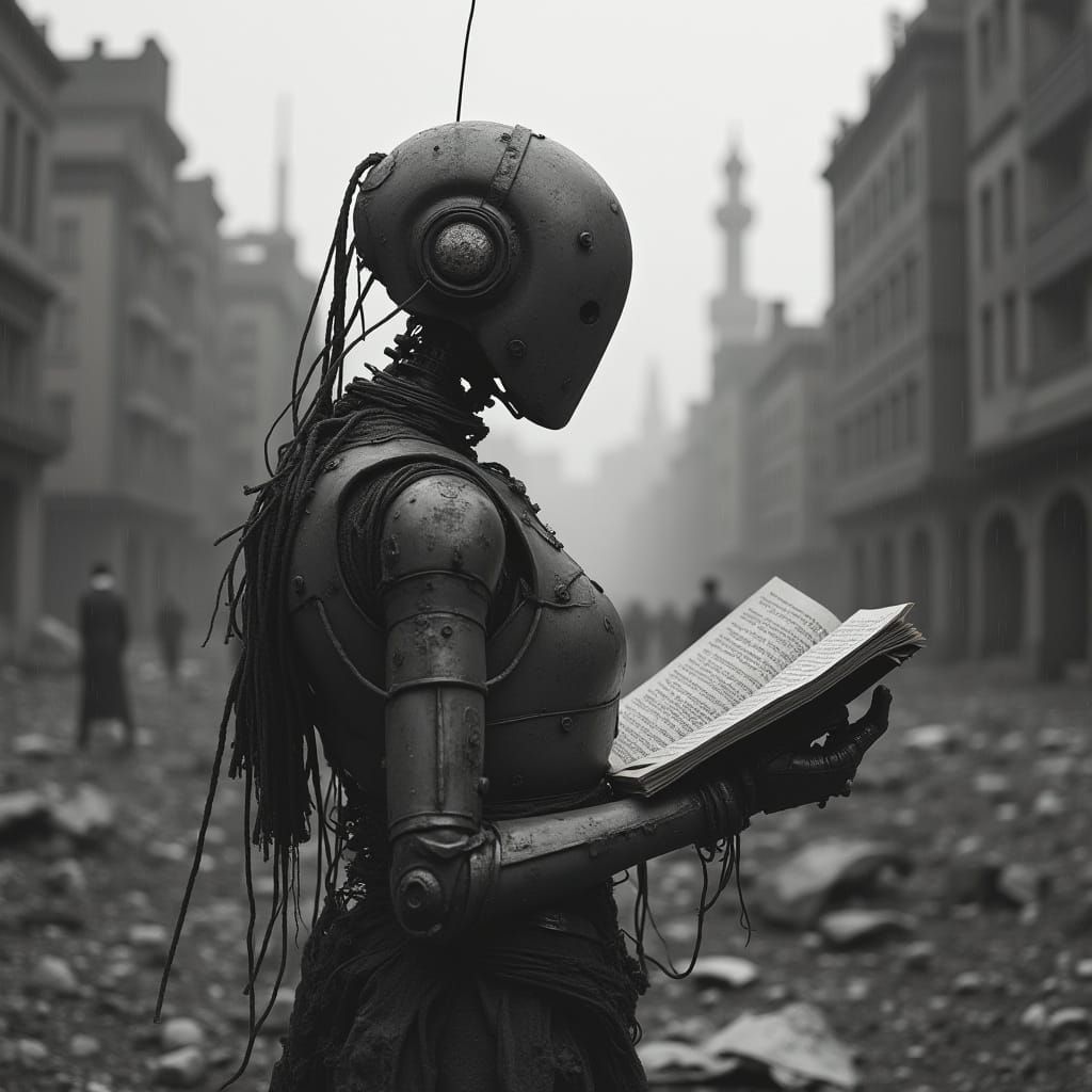 Robot Poet's Despair: Gritty Black-and-White Cityscape