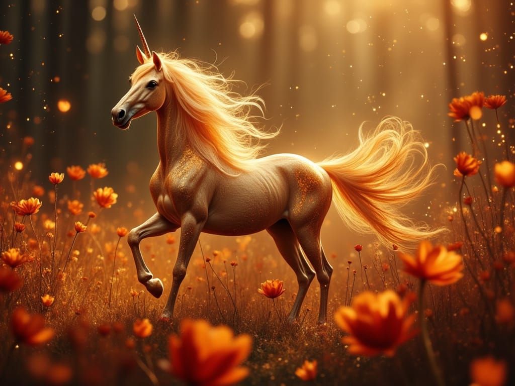Ethereal Unicorns Amidst Glowing Autumn Flowers