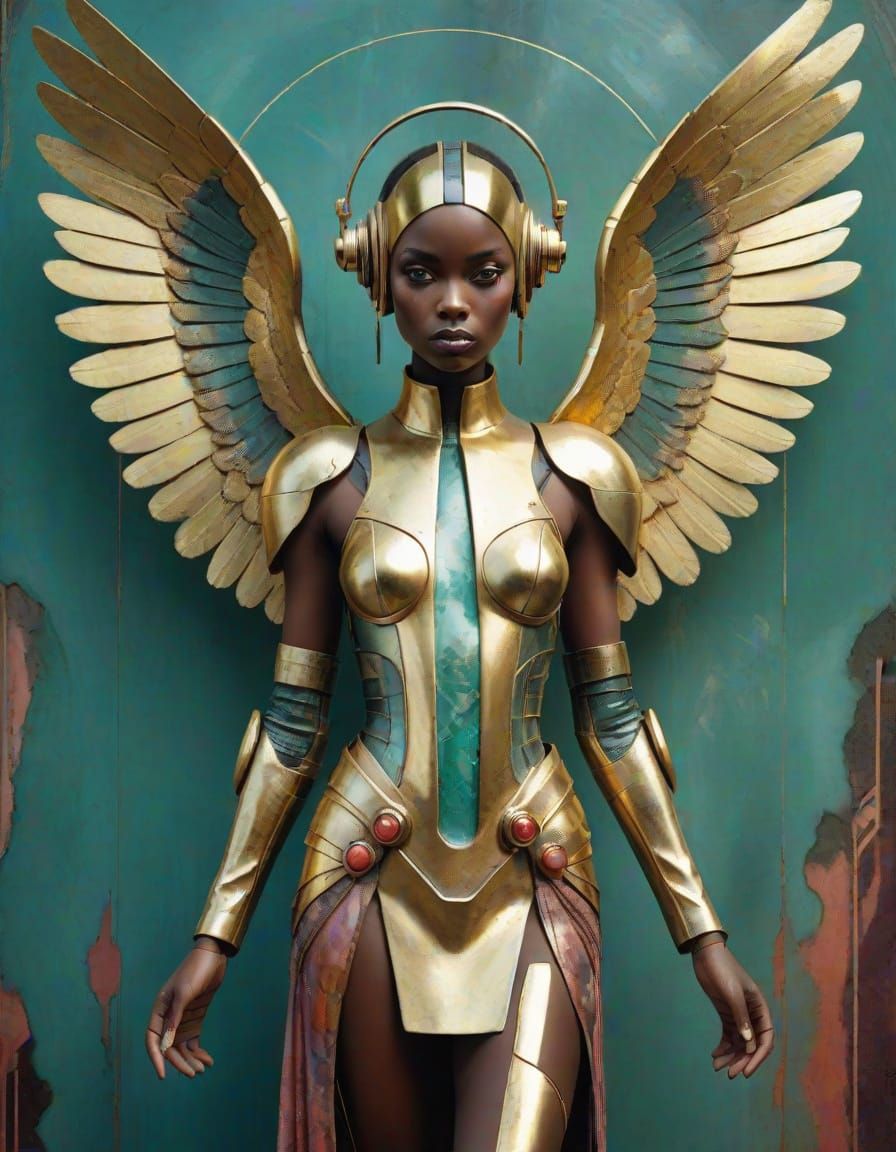 Angel Portrait in Retrofuturistic Art Deco Style with Grunge...