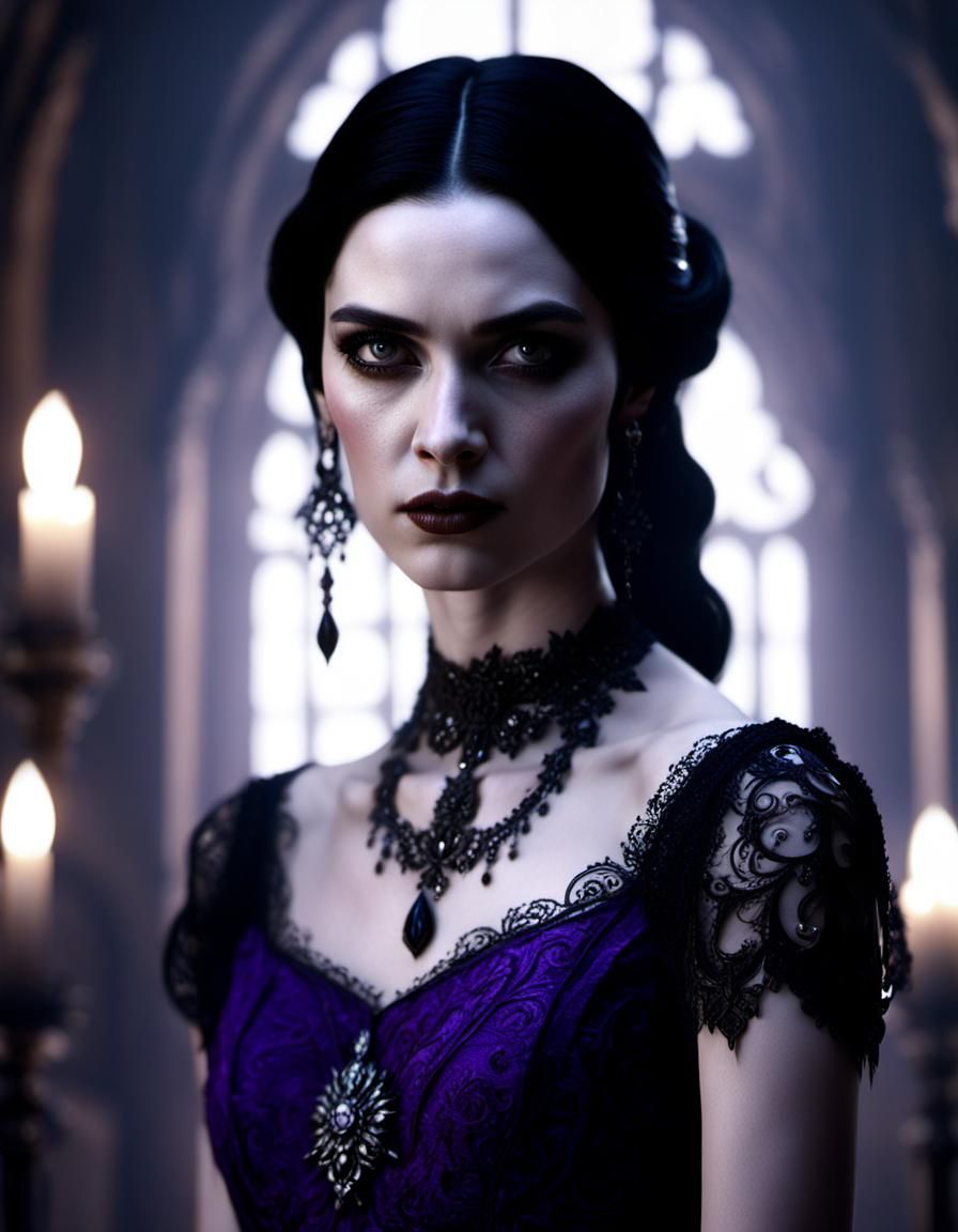 Vampire Woman in Dark Purple Lace Gown