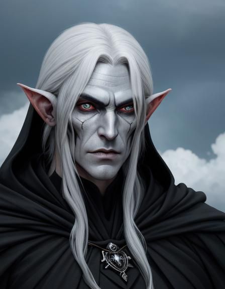 Half-Elf in Black Cloak with Silver Hair