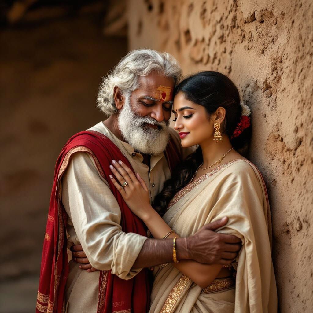 Intimate Moment in Rural India: Hyperrealistic Scene