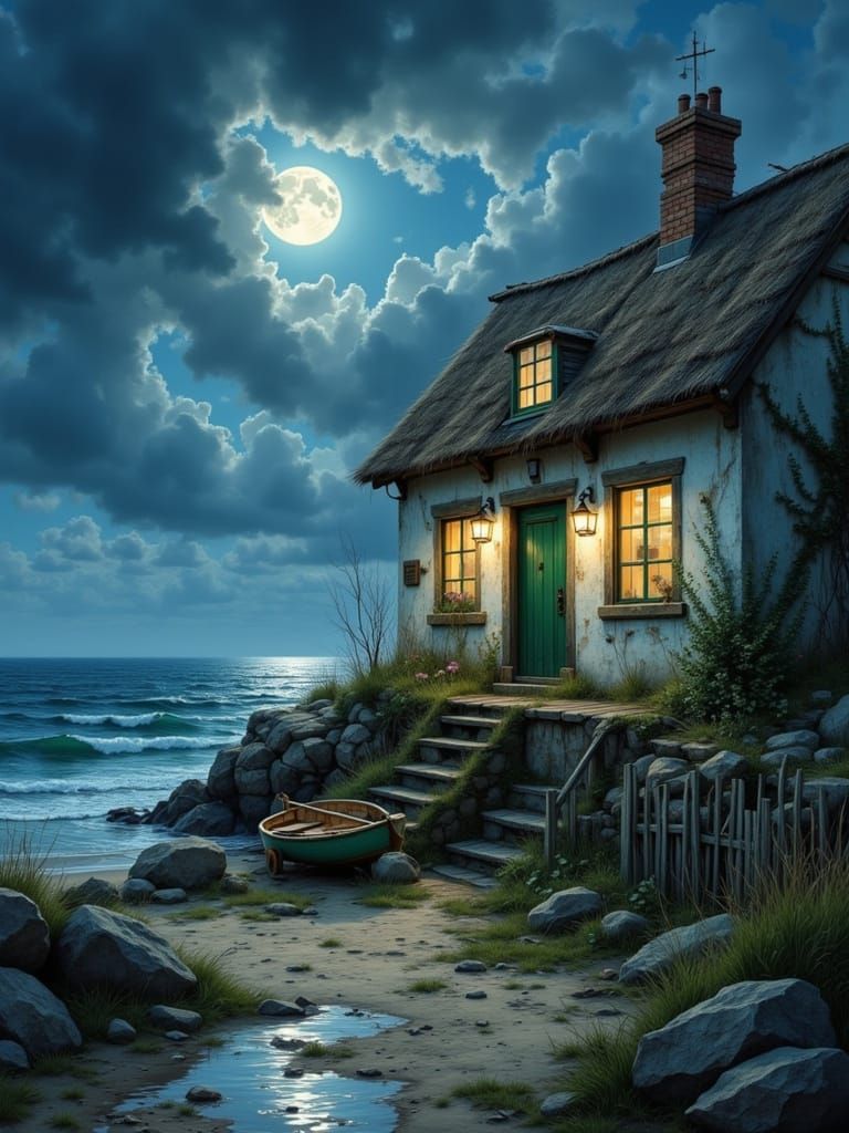 Moonlit Fisherman's Cottage on Cliffside Beach