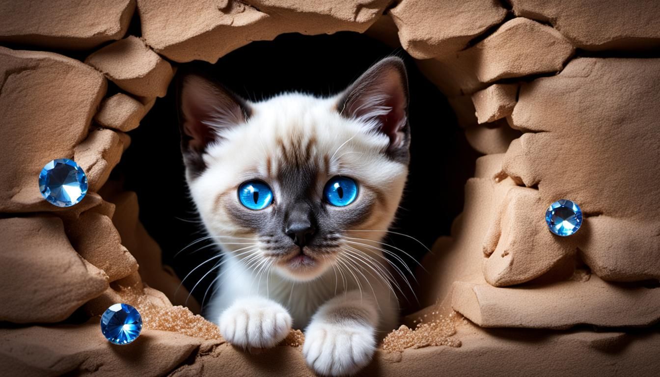 Blue-Eyed Siamese Kitten Peeking, Hyperrealistic Photography