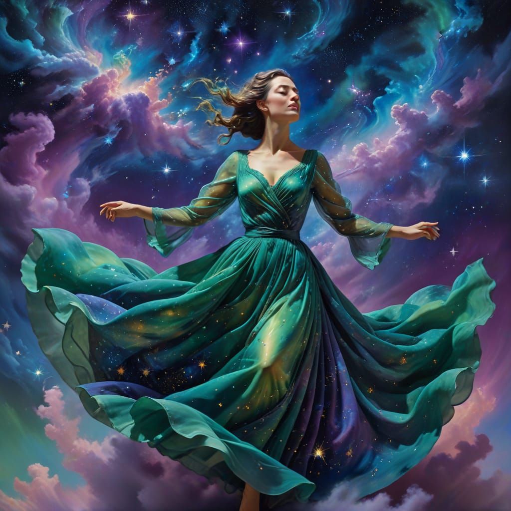 Ethereal Woman Dances Among Celestial Bodies in Vibrant Oil ...