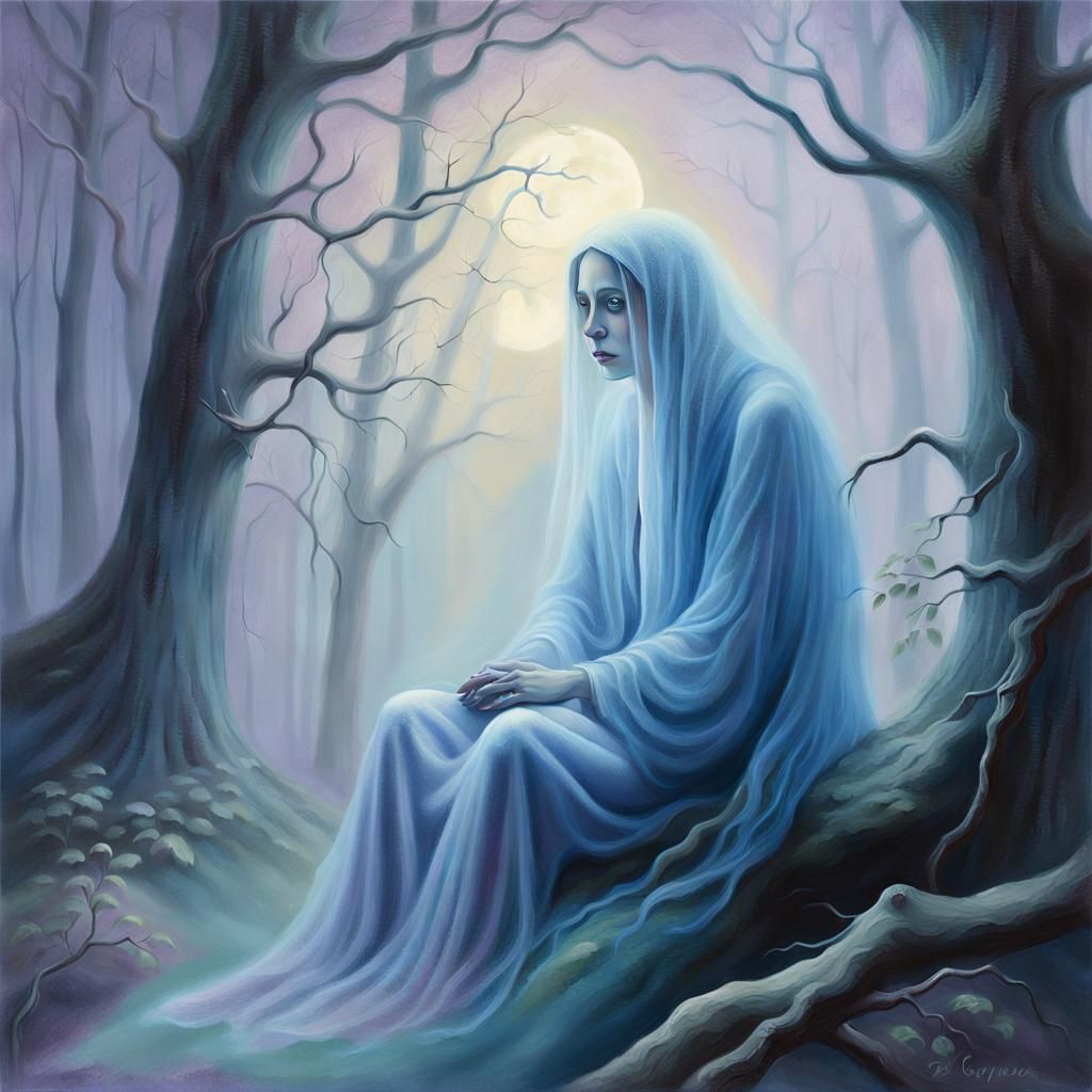 Ethereal Ghost in Moonlit Forest: Surrealist Oil Painting