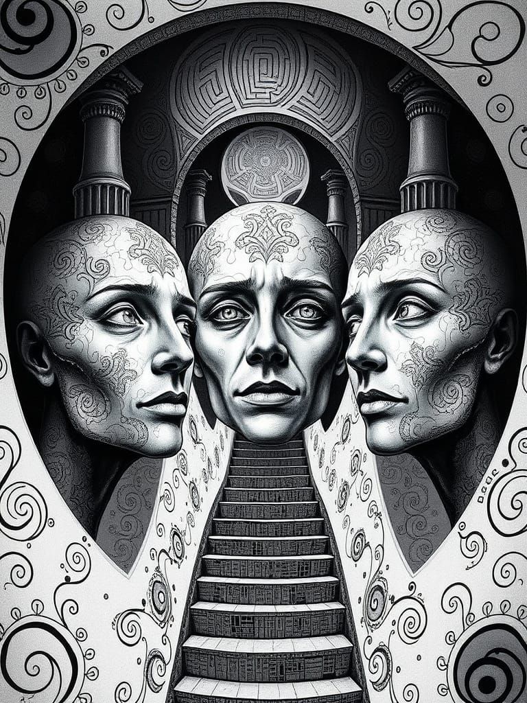 Escher-Inspired Faces Adorn Klimt-Style Staircase in Abstrac...