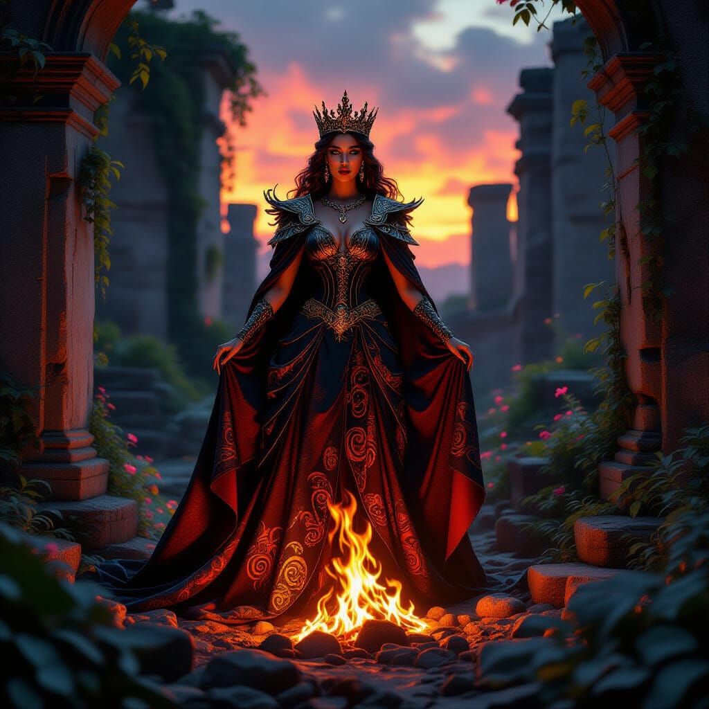 Majestic Queen Emerges From Embers in Art Nouveau Style