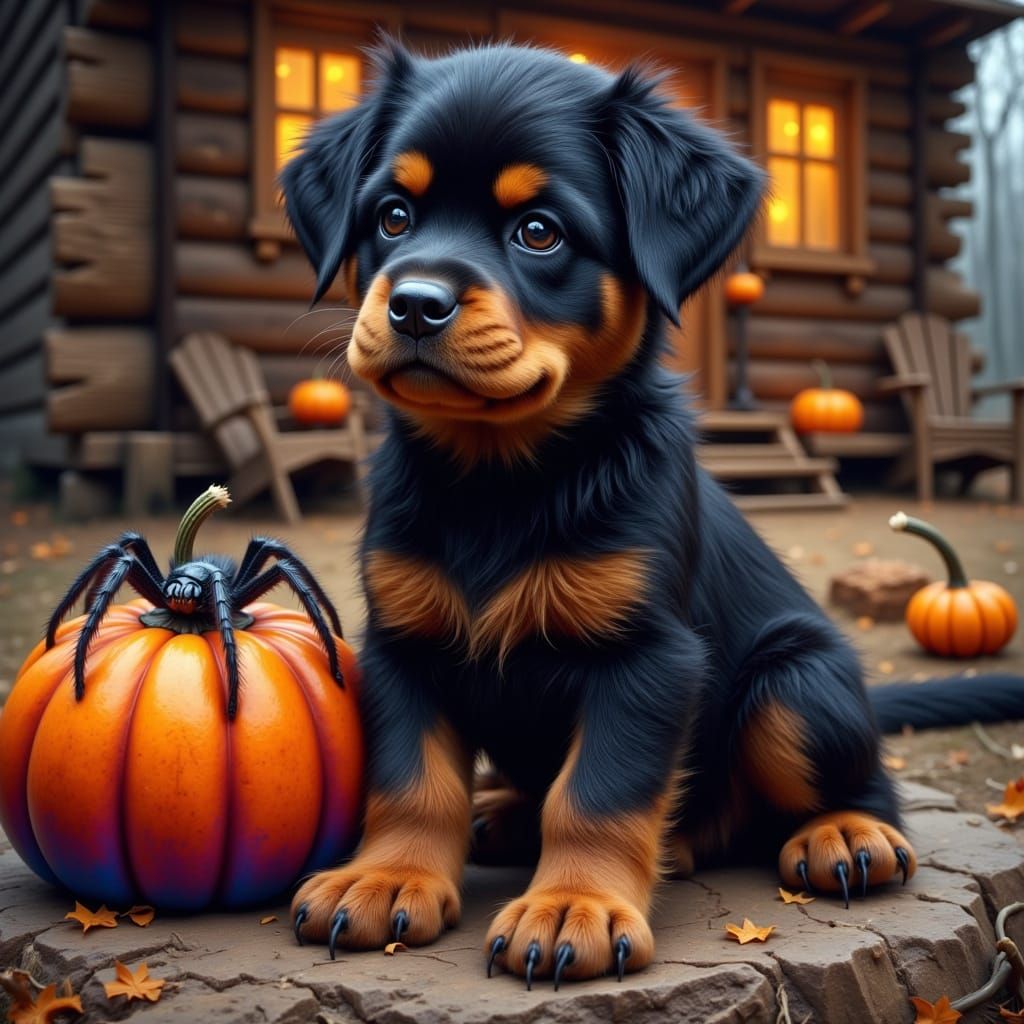 Whimsical Rottweiler and Spider on Pumpkin
