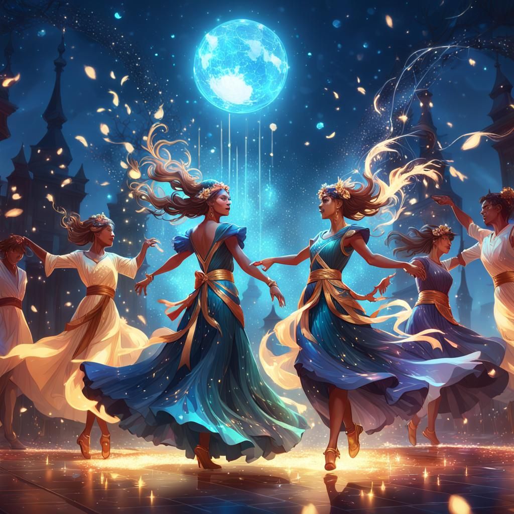 Ethereal Spirits Dancing in Sparkling Night, Digital Art