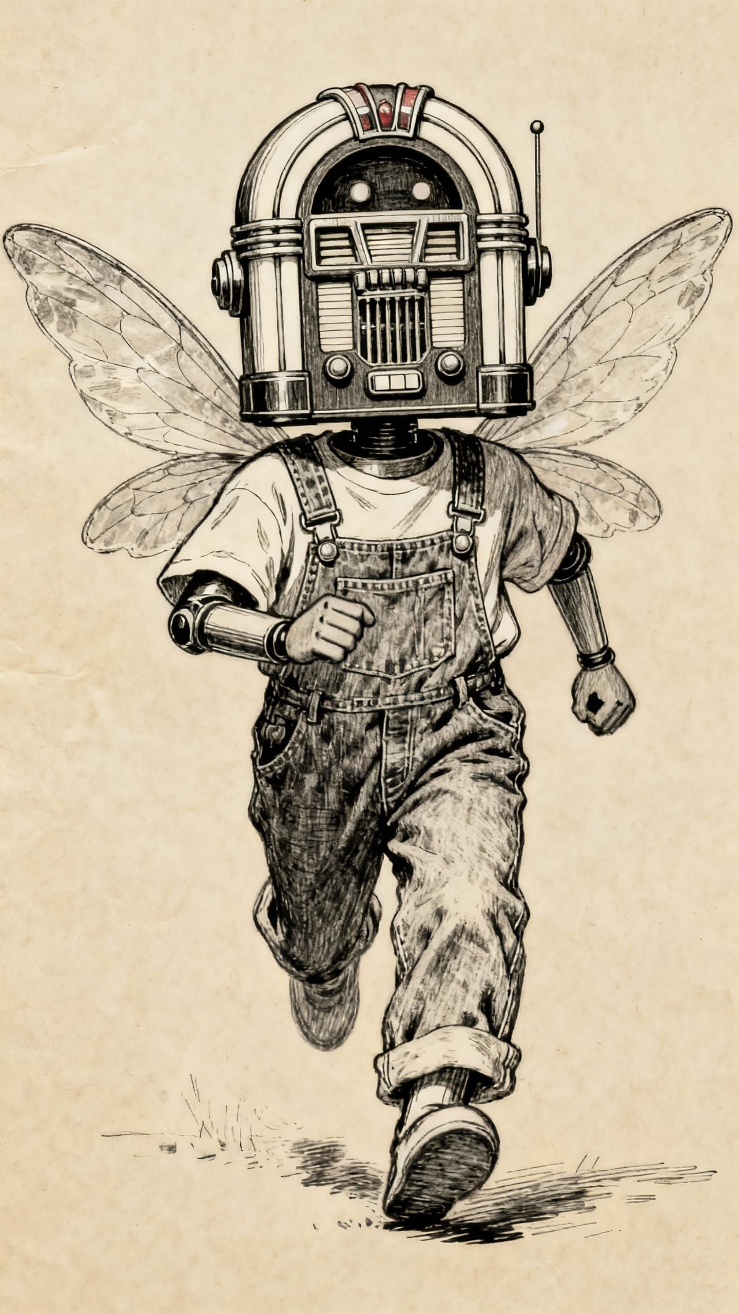 Pen and Ink Sketch of Robot with Fairy Wings
