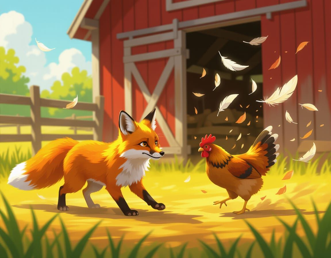 Fox Chasing Chicken in Farmyard Digital Painting