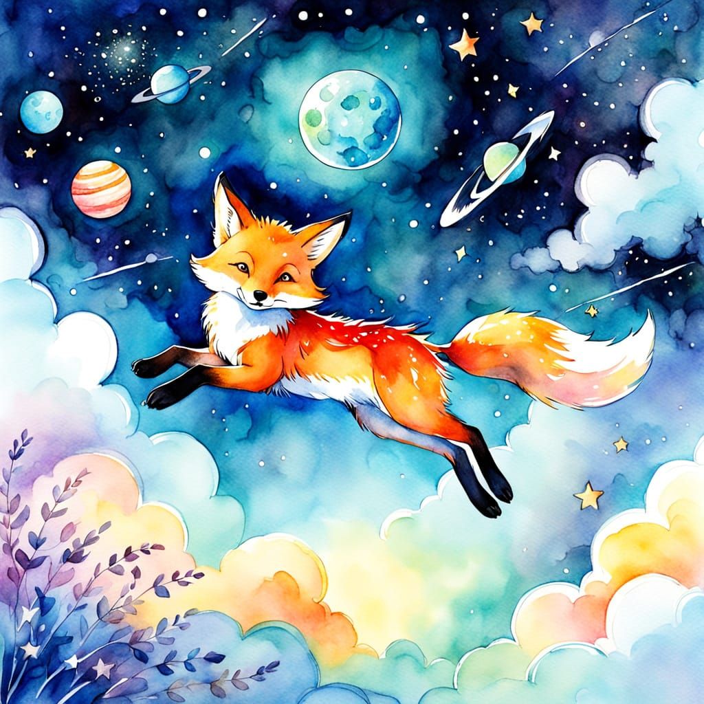 Whimsical Space Fox Watercolor Painting
