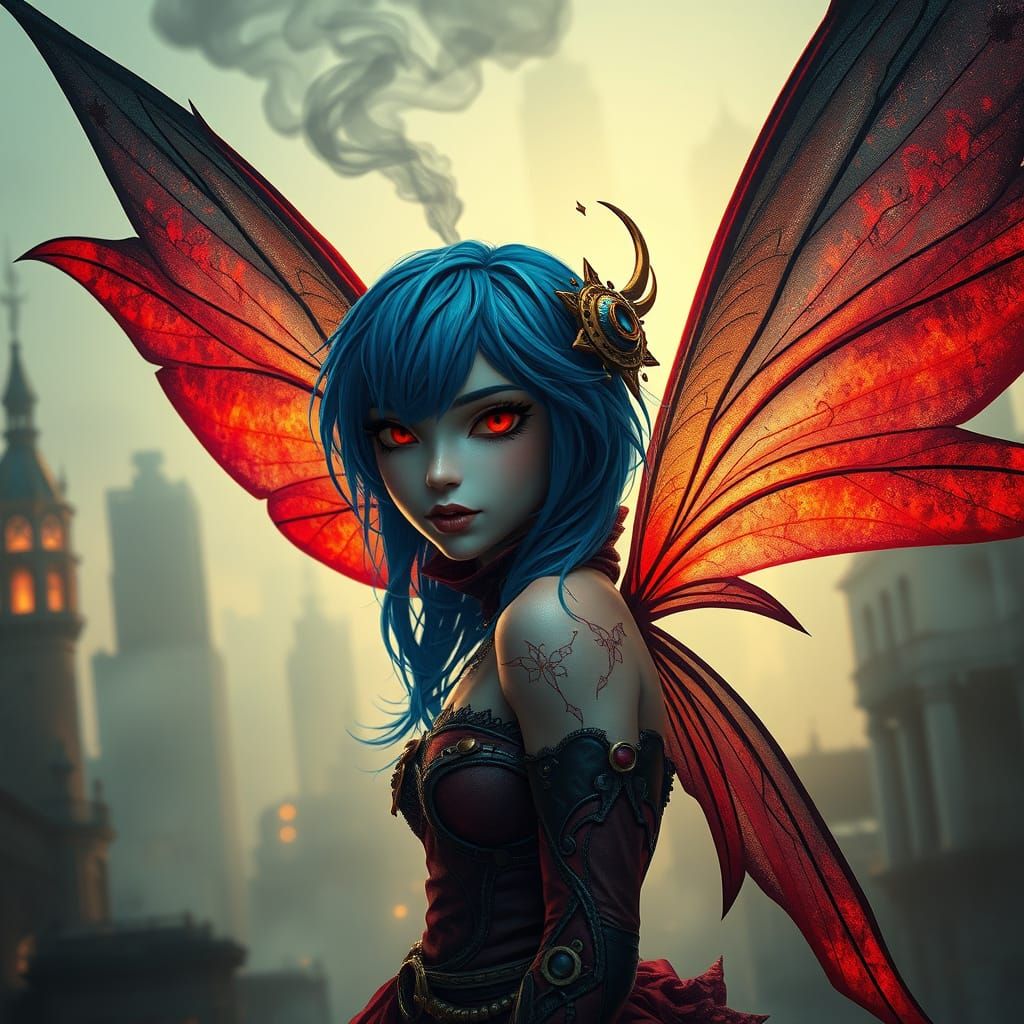 Steampunk Fairy in Foggy Cityscape, Dark Fantasy Art