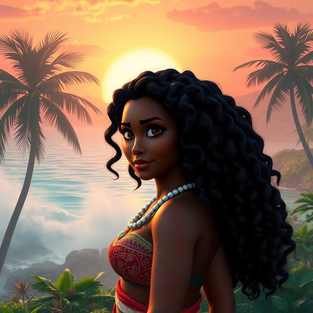 Ethereal Polynesian Goddess Emerges from Sunset Mist