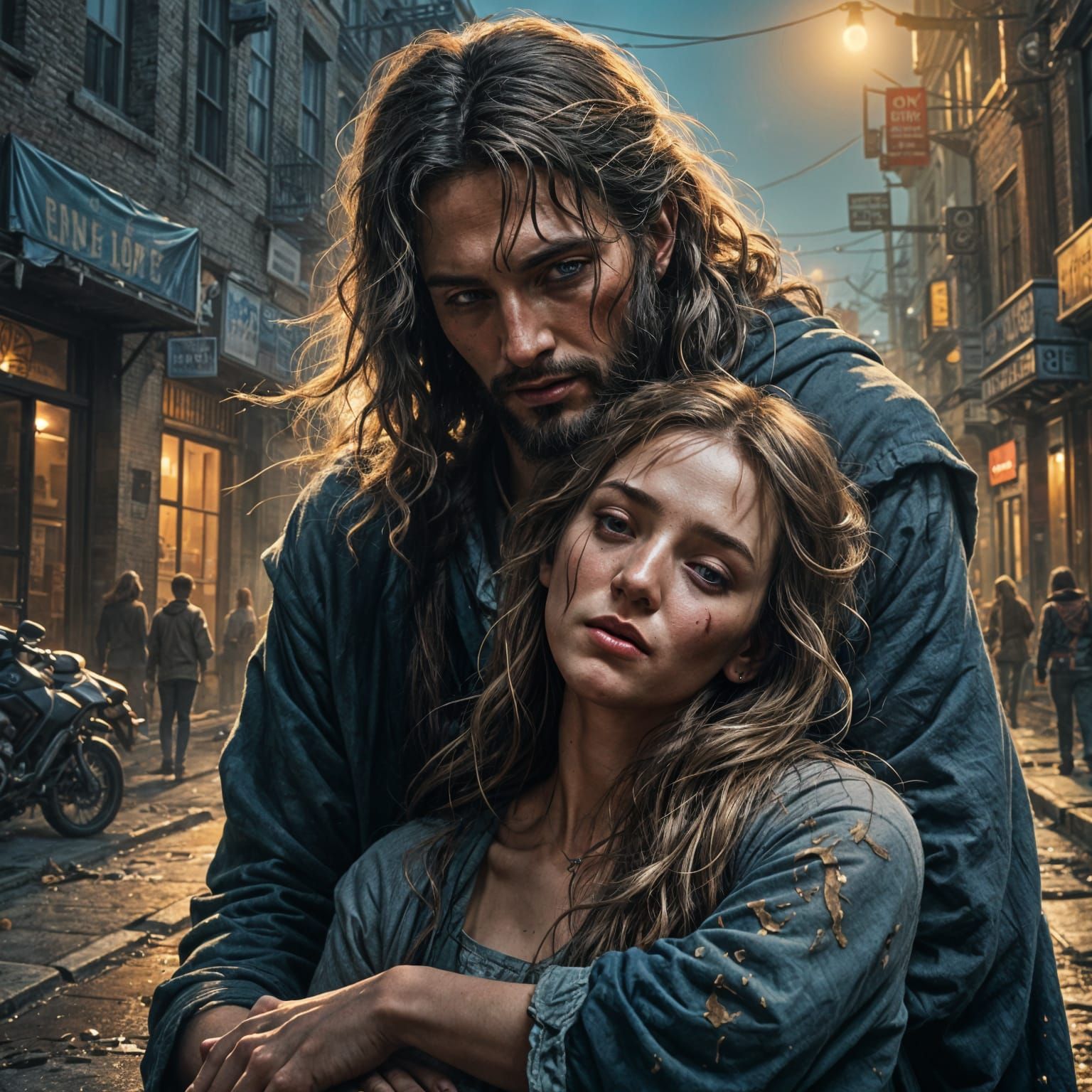Jesus Comforts Woman in Dark Street: Fantasy Art