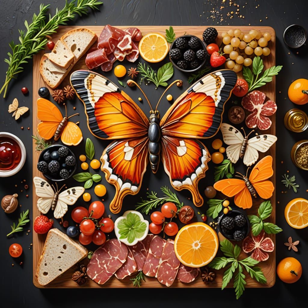 Butterfly Charcuterie Board Still Life in Oil Painting Style