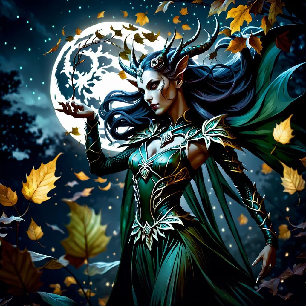 Dark Fey Maiden in a Swirling Leaf Scene