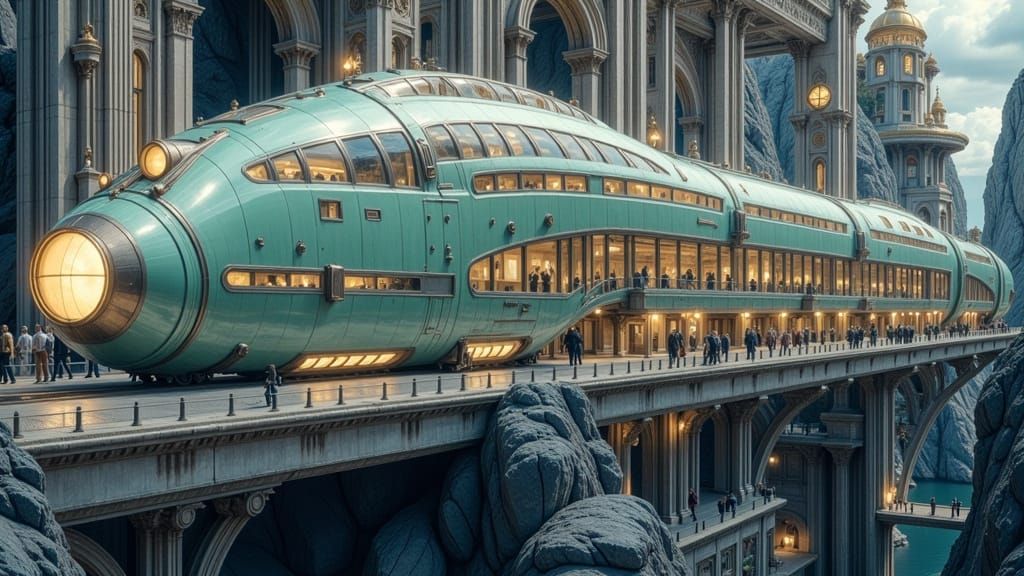 Art Deco Train in Modern Cityscape
