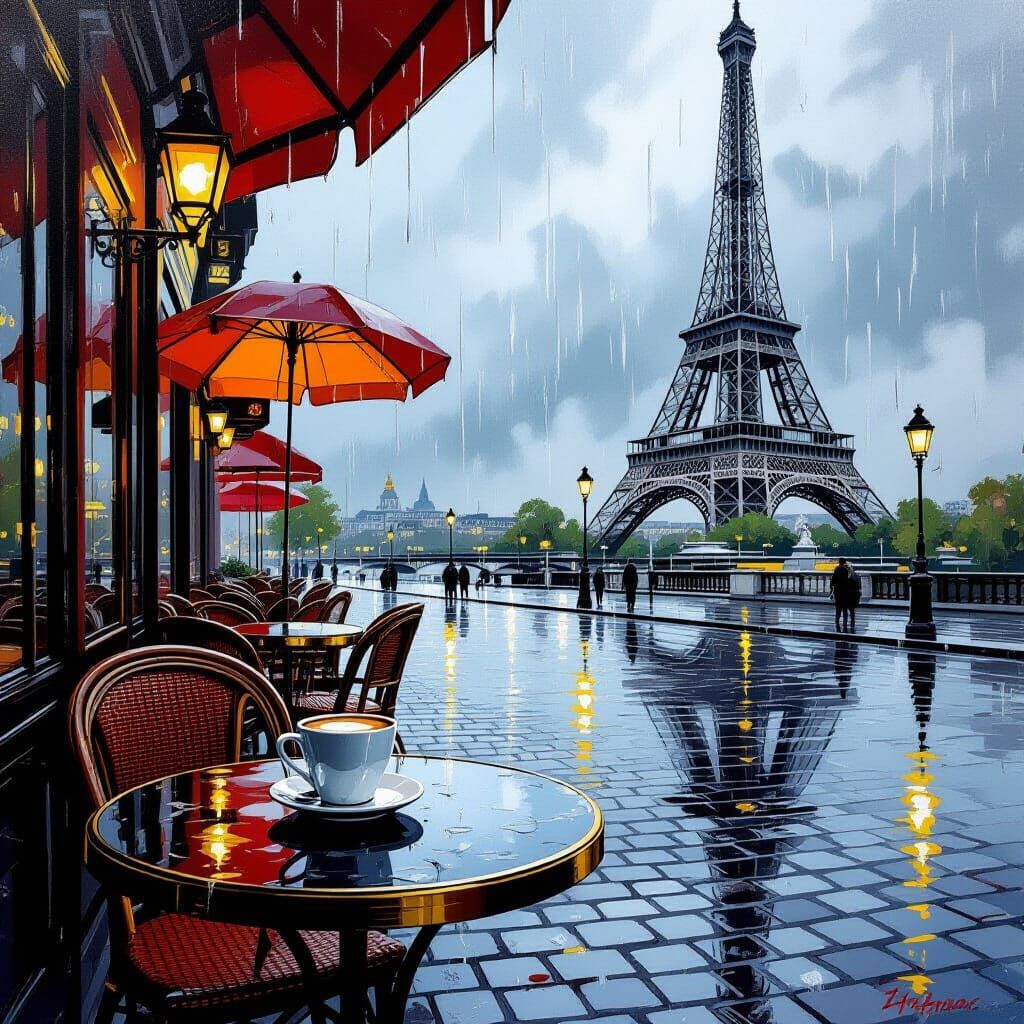 Eiffel Tower Coffee in Rainy Photorealistic Style